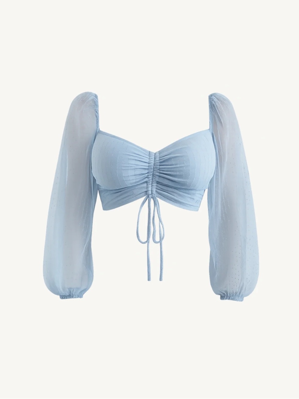 privy Light Blue Ruched Puff-Sleeve Crop Top